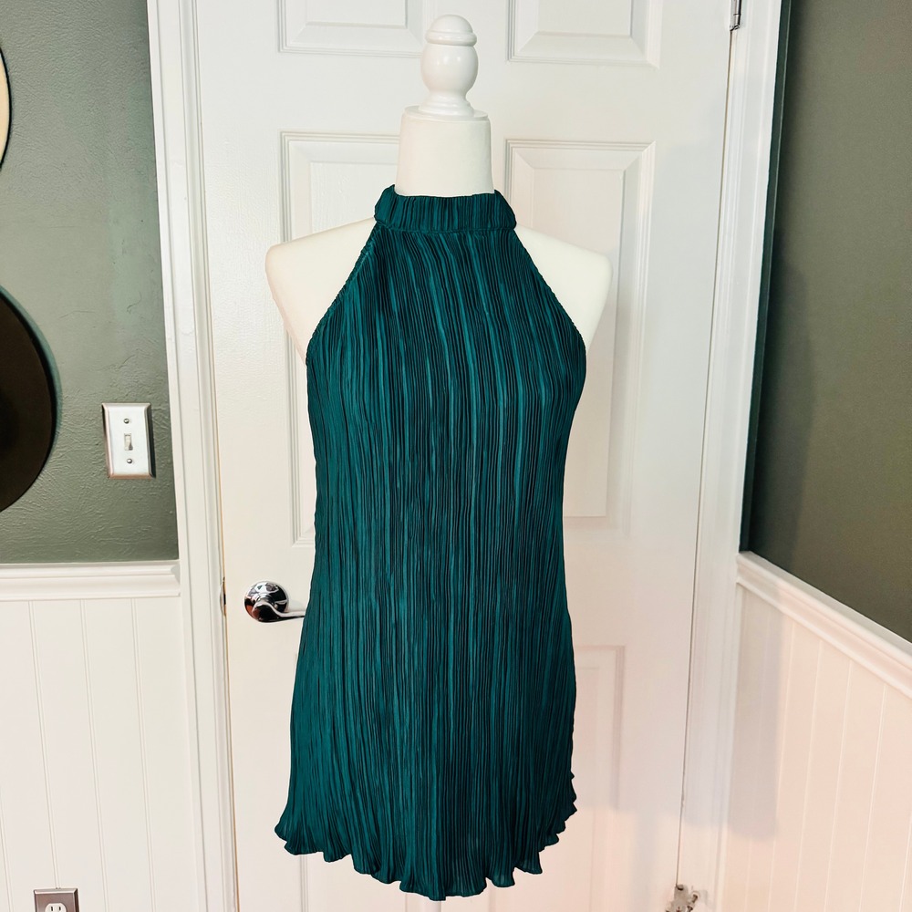 NWT By Anthropologie Halter Plissé Romper, dark green sz 8